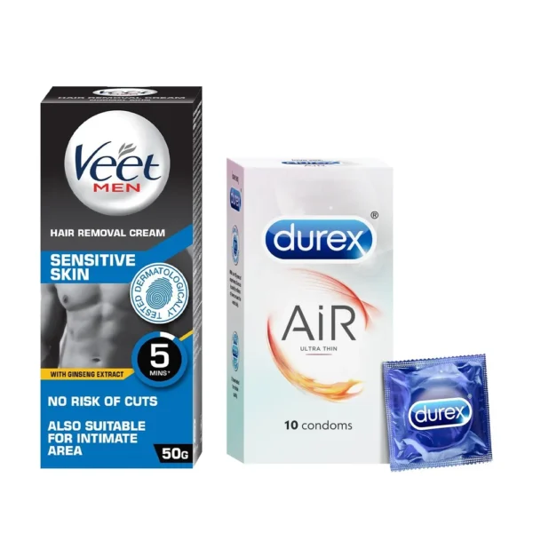 Veet Men Hair Removal Cream - Sensitive Skin(50gms) & Durex Air Condom - Ultra Thin Condoms(10pc) Combo- ZYP1008