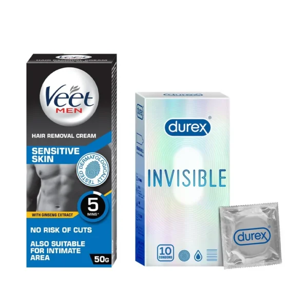 Veet Men Hair Removal Cream - Sensitive Skin(50gms) & Durex Invisible Condom - Super Ultra Thin Condoms(10pc) Combo- ZYP1012