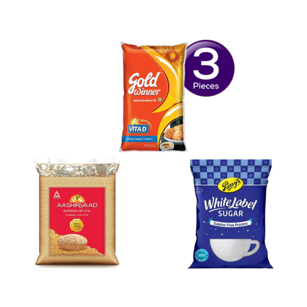 Gold Winner Refined Sunflower Oil (Pouch)(1 l), Aashirvaad Superior MP Whole Wheat Atta(5 kg) & Parrys White Label Sugar(1 kg) Combo- NJC1077