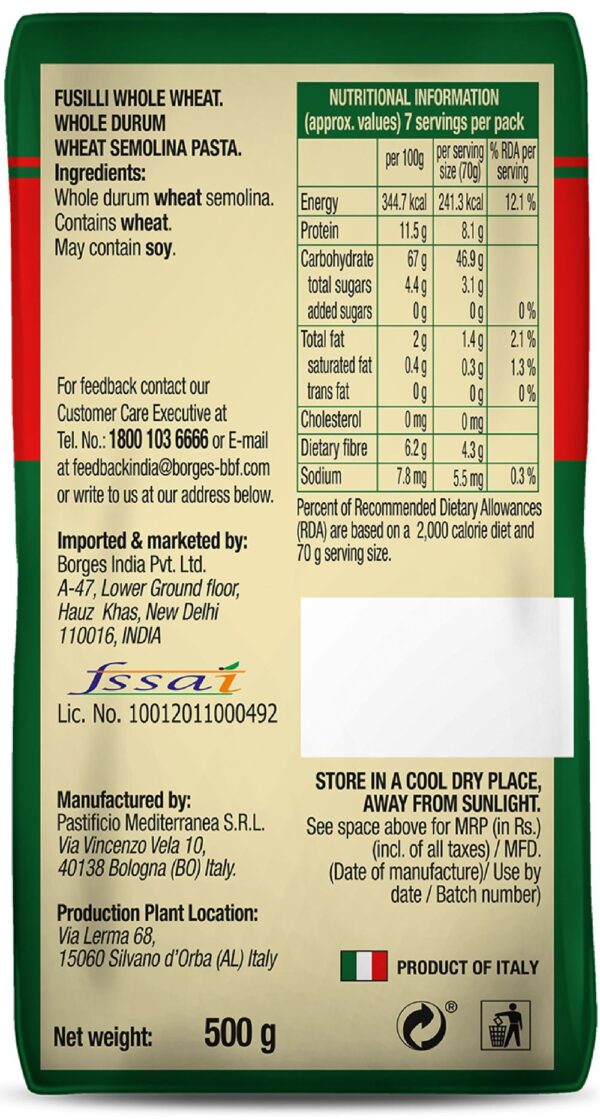 Borges Whole Wheat Fusilli Pasta- YSM1017 - Image 3