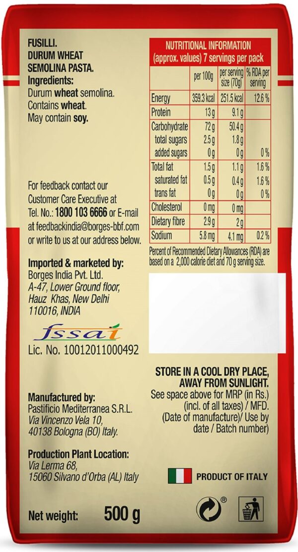 Borges Durum Wheat Fusilli Pasta- YSM1013 - Image 3