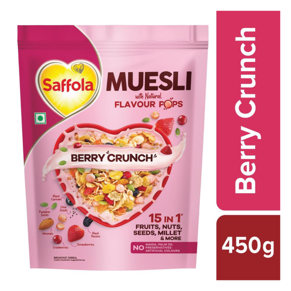 Saffola Muesli Berry Crunch With Flavour Pops, Fruits, Nuts, Seeds, Millets (15 In 1)- ZTM1048