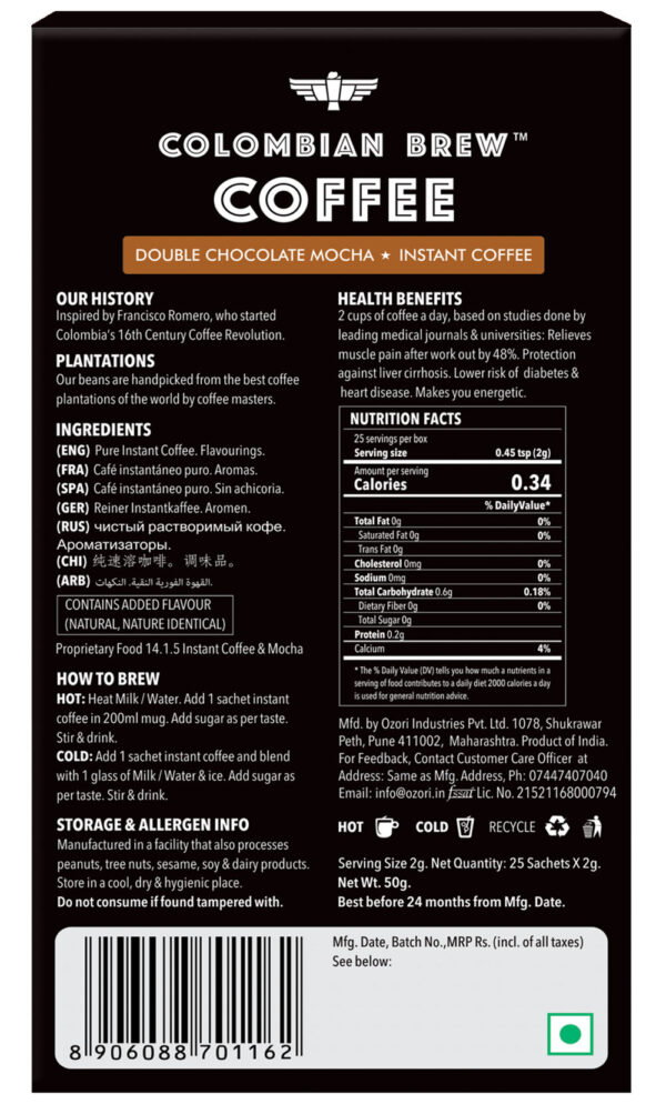 Colombian Brew Double Chocolate Mocha Instant Coffee No Sugar Vegan- BLJ1056 - Image 2