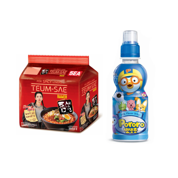 Paldo Teumsae Ramyun Spicy Korean Noodles (Pack Of 5)(600gms) & Pororo Korean Drink Milk Flavor Flavor(235ml) Combo- VTE1082