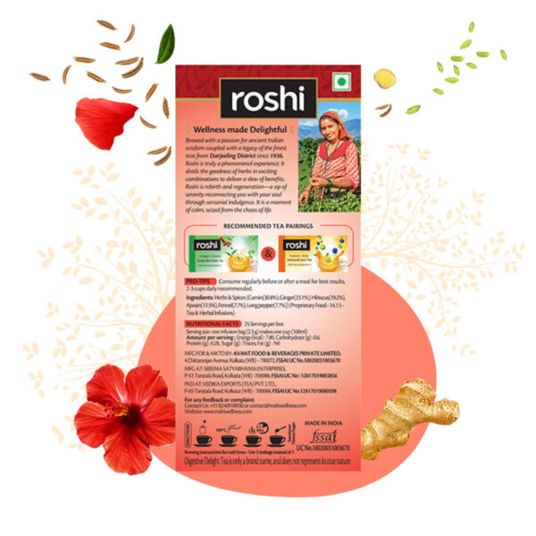Roshi Digestive Tea Bags with Hibiscus & Ginger (100% Caffeine Free Herbal Tea)- UBW1019 - Image 3