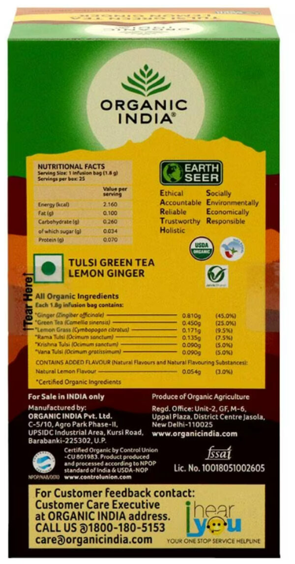 Organic India Tulsi Green Tea Bag Lemon Ginger- UBW1021 - Image 3