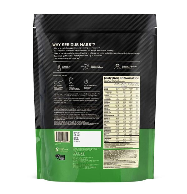 Optimum Nutrition Serious Mass Weight Gainer Powder High Protein & Calories Vegetarian Chocolate- SZS1005 - Image 2