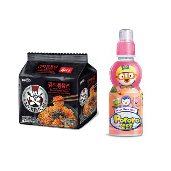 Paldo Mr. Kimchi Spicy Korean Noodles (Pack Of 4)(536gms) & Pororo Korean Drink Peach Flavor(235ml) Combo- VTE1093