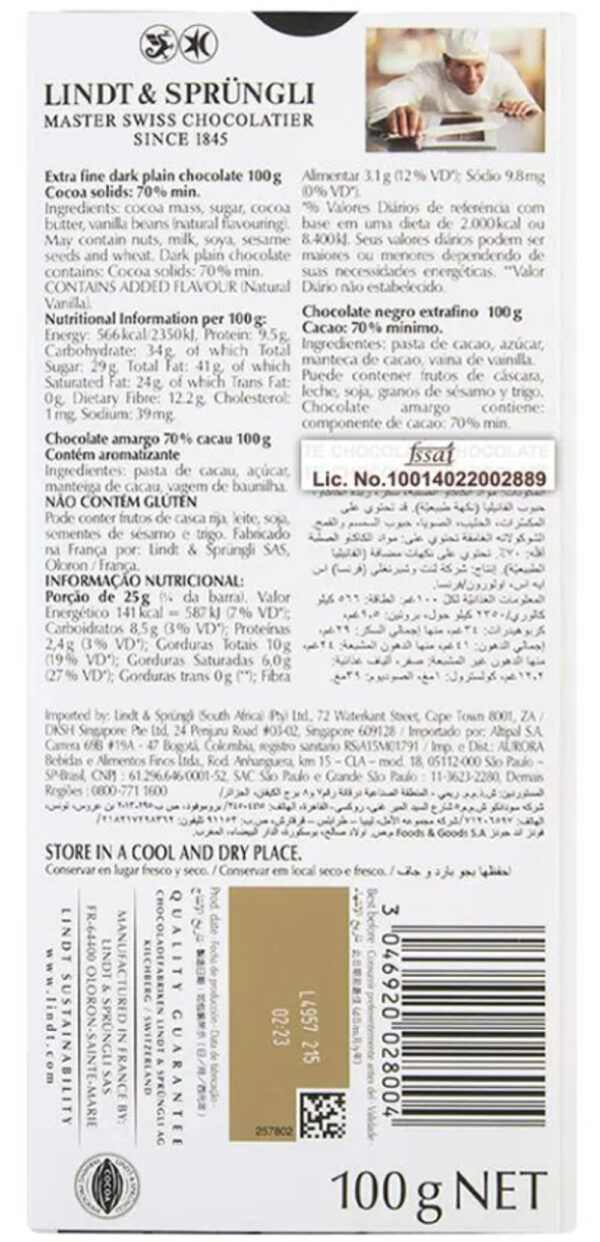 Lindt Excellence 70 % Cocoa Dark Chocolate- EYT1023 - Image 2