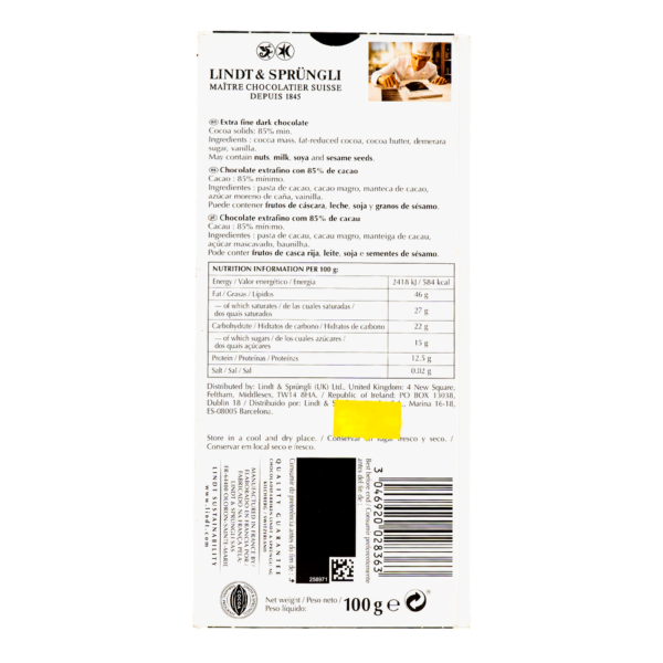 Lindt Excellence 85 % Cocoa Robust Dark Chocolate- EYT1024 - Image 2
