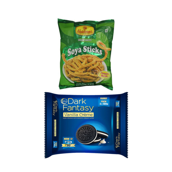 Sunfeast Dark Fantasy - Vanilla Crã¨Me, Dark Crunchy Biscuit(300gms) & Haldirams Soya Sticks(200gms) Combo- FZG1019