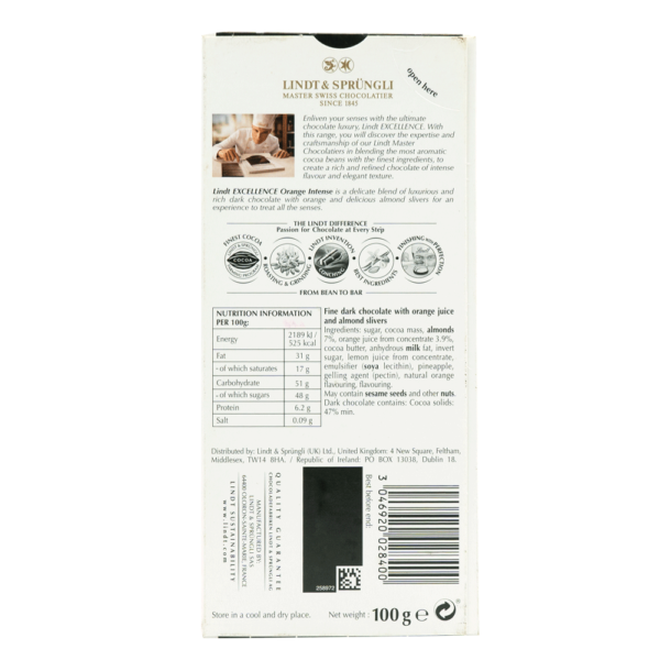 Lindt Excellence Orange Intense Dark Chocolate- EYT1042 - Image 2