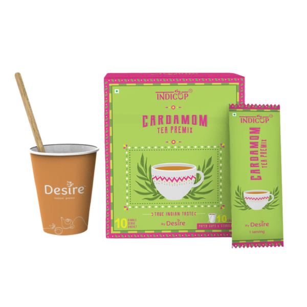 Indicup Cardamom Tea Premix Instant Tea Powder (Elaichi Chai) - Includes Cups & Stirrers- BLJ1115