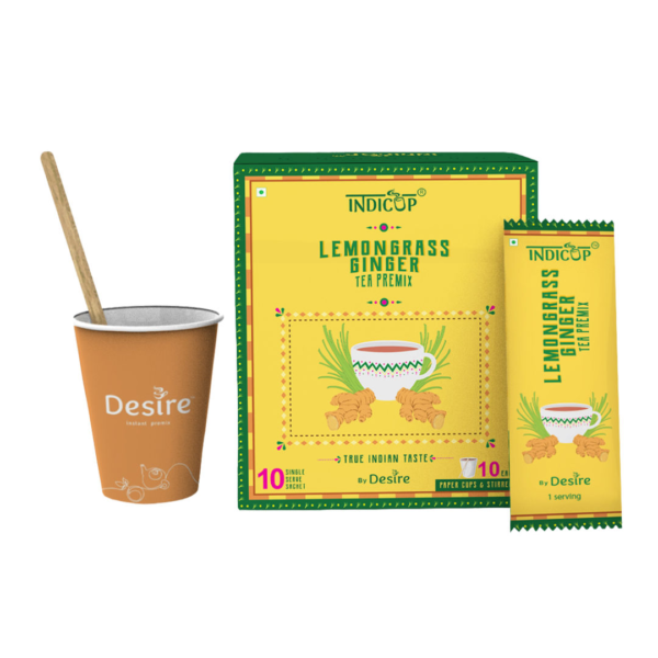 Indicup Lemon Grass Ginger Tea Premix Instant Tea Powder - Includes Cups & Stirrers- BLJ1121