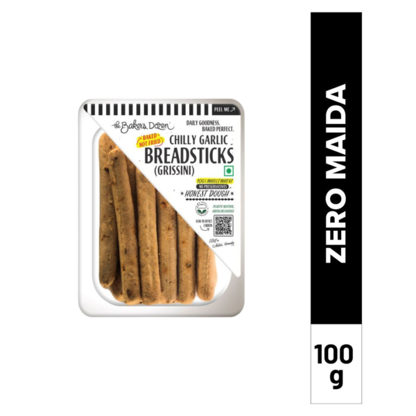 The Baker's Dozen Zero Maida Breadsticks (Grissini) Baked Snack No Palm Oil No preservatives 100% Wholewheat- FZG1045