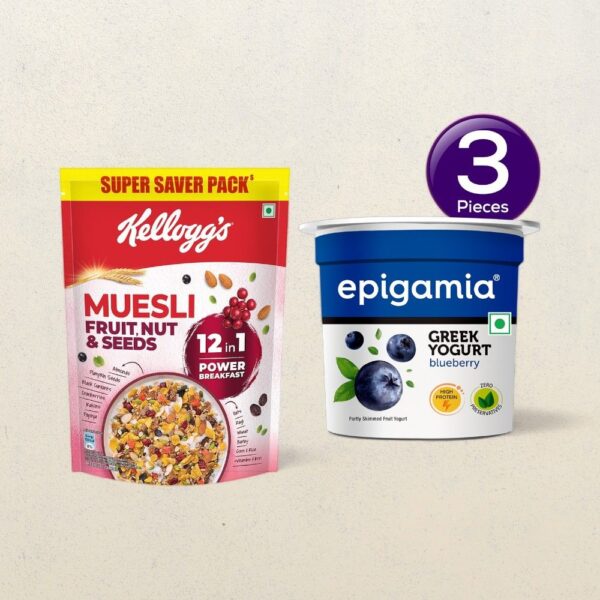 Kellogg's Crunchy Fruit & Nut Breakfast Cereals Muesli(750 gms) & Epigamia Blueberry Greek Yogurt(90 gms) Combo- ZTM1012