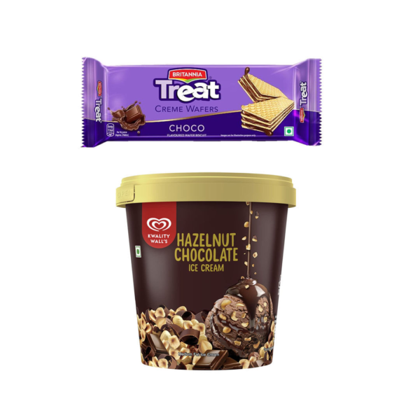 Kwality Wall'S Hazelnut Chocolate Ice Cream Tub(500ml) & Britannia Treat Creme Wafers Choco Flavoured Wafer Biscuit(55gms) Combo- FQT1019