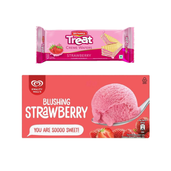 Kwality Wall'S Strawberry Tub(700ml) & Britannia Treat Creme Wafers Strawberry Flavoured Wafer Biscuit(55gms) Combo- FQT1021