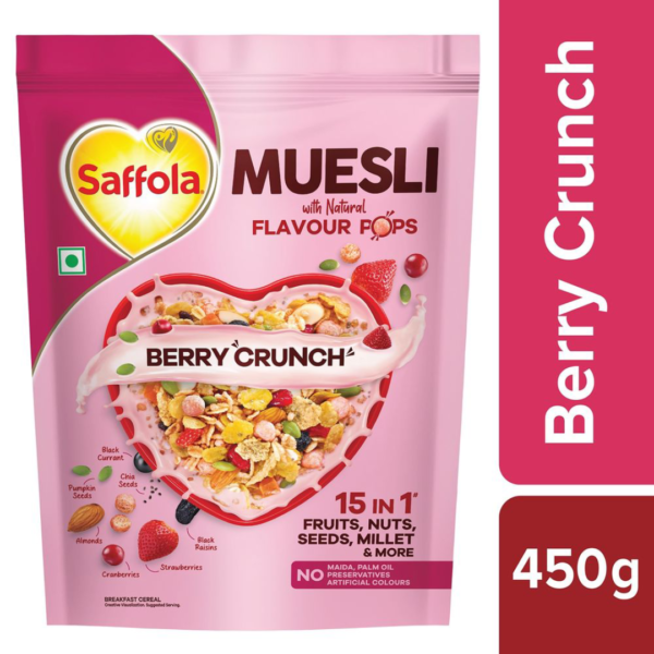 Saffola Muesli Berry Crunch With Flavour Pops, Fruits, Nuts, Seeds, Millets (15 In 1)- VUW1080