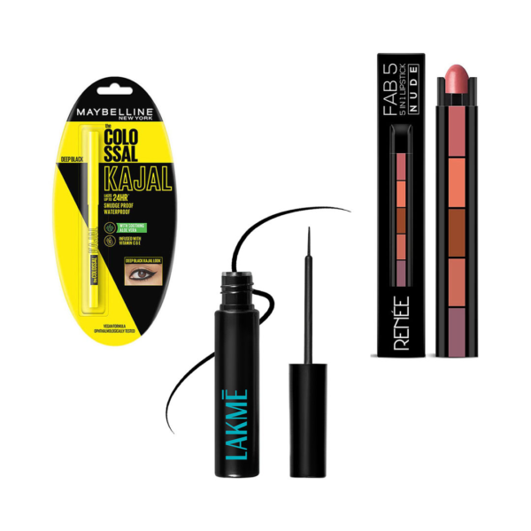 Maybelline New York Colossal Kajal Black Fix With Aloe Vera(0.35gms), Renee Fab 5 Nude 5In1 Lipstick(7.5gms) & Lakme Eyeconic Liquid Eyeliner, Black(4.5ml) Combo- CWK1026