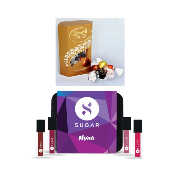 Lindt Lindor Smooth Melting Assorted Chocolates Cornet(200gms) & Sugar Smudge Me Not Liquid Mini Lipstick Set - Nude Set(4pc) Combo- EYT1053