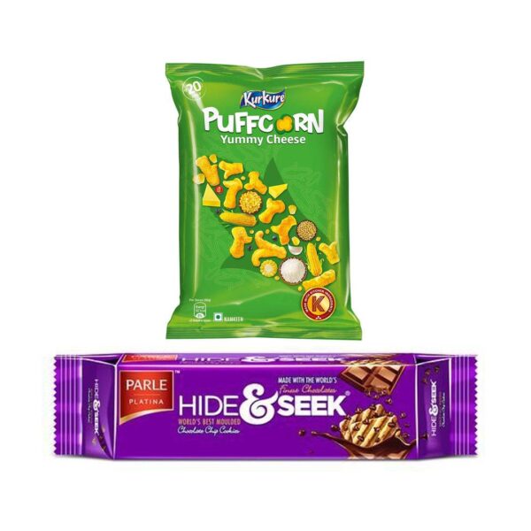 Kurkure Yummy Puffcorn Yummy Cheese Chips(55gms) & Parle Hide & Seek Chocolate Biscuits(100gms) Combo- BCK1083