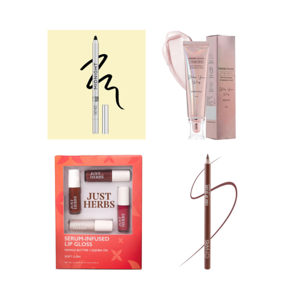 Renee Midnight Kajal Kohl Pencil(1.5gms), FACES CANADA Strobe Cream - Rose Gold, With Shea Butter & Hyaluronic Acid(30gms) & Just Herbs Serum Infused Lip Gloss (Soft Lush)(4ml) Combo- EFT1011