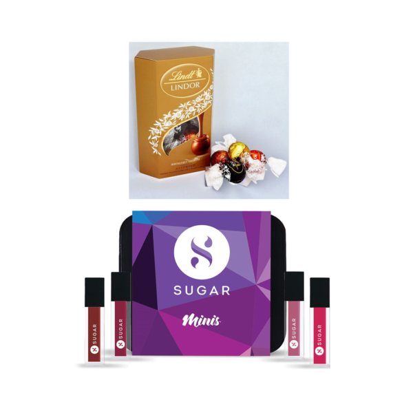 Lindt Lindor Smooth Melting Assorted Chocolates Cornet(200gms) & Sugar Smudge Me Not Liquid Mini Lipstick Set - Nude Set(4pc) Combo- KYH1052