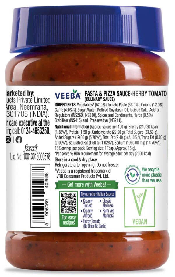 Veeba Pasta & Pizza Sauce Herby Tomato I Red Pasta Sauce- ERE1035 - Image 2
