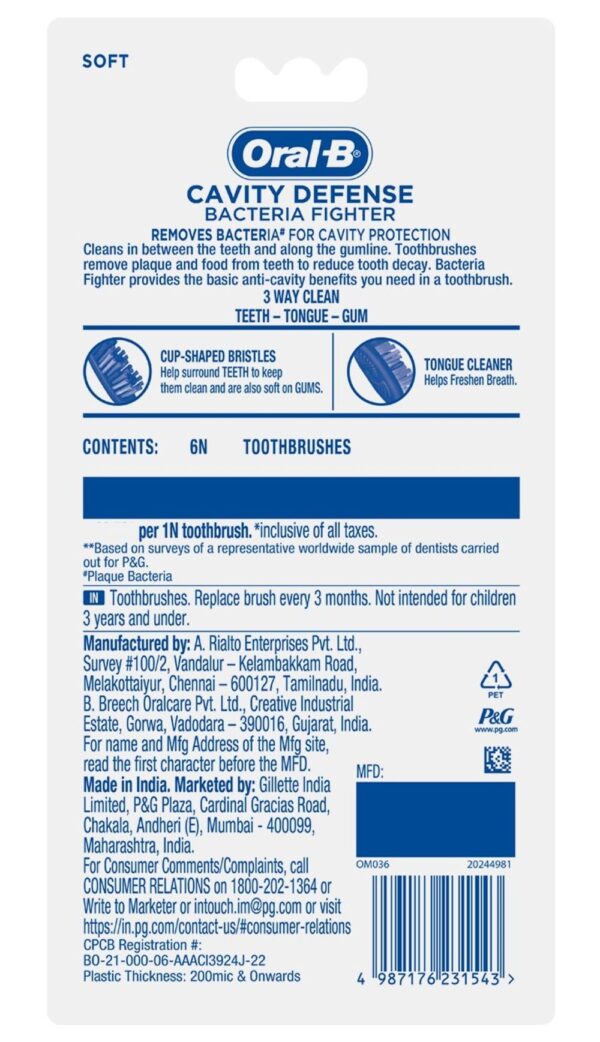 Oral-B Cavity Defense Bacteria Fighter Soft Toothbrush- TTR1008 - Image 2
