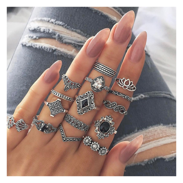 Jewels Galaxy Oxidised Silver Plated 15 Pcs Stackable Ring Set- XFN1010