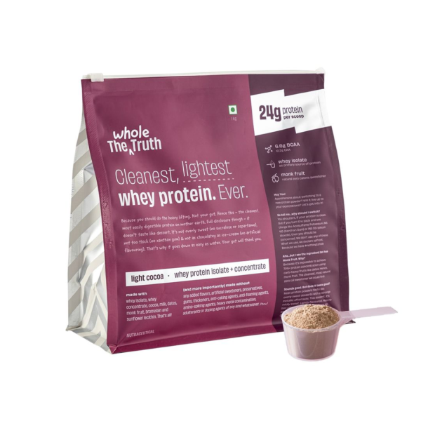 The Whole Truth Pro Whey Protein Powder Light Cocoa 24g Protein Per Scoop 6.6g BCAA Easy to Digest- XWK1035