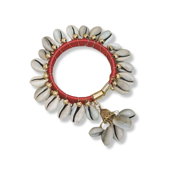 Cowrie Shell Flexible Size Bangle With Jhumki Latkan - Red- WKW1025