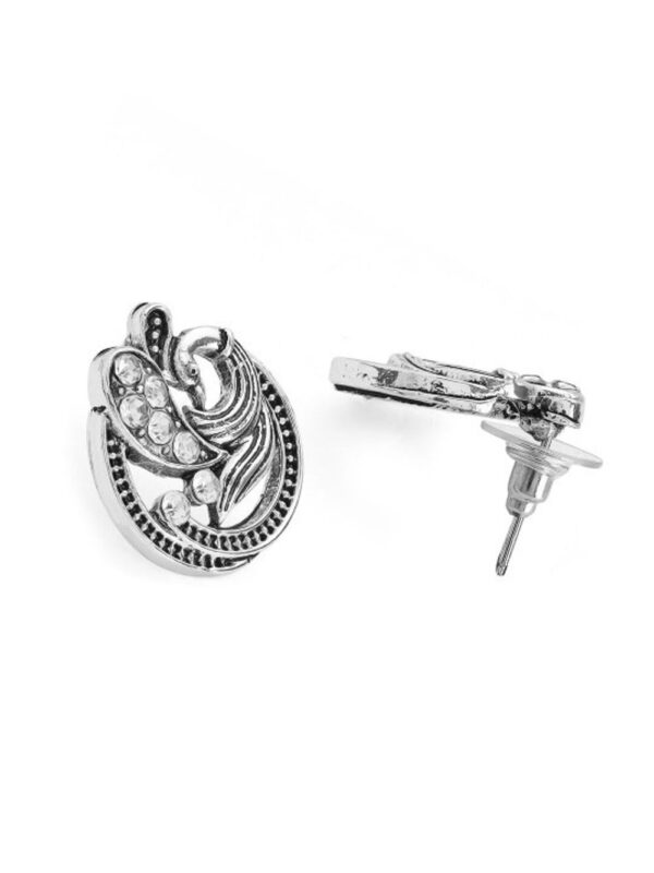 Rubans Silver-Plated American Diamond Studded Peacock Shaped Studs Earrings- TBC1035 - Image 2