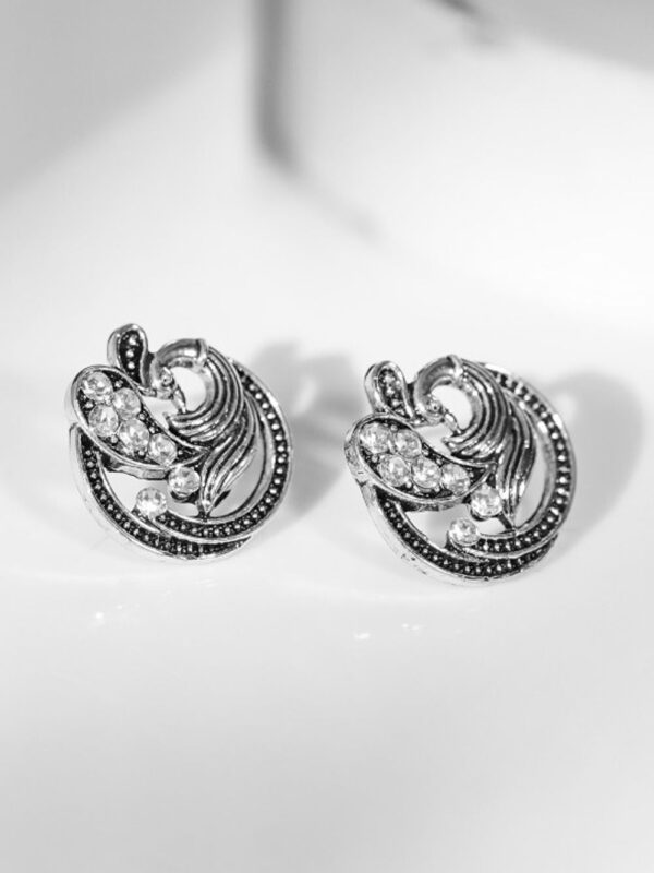 Rubans Silver-Plated American Diamond Studded Peacock Shaped Studs Earrings- TBC1035 - Image 3