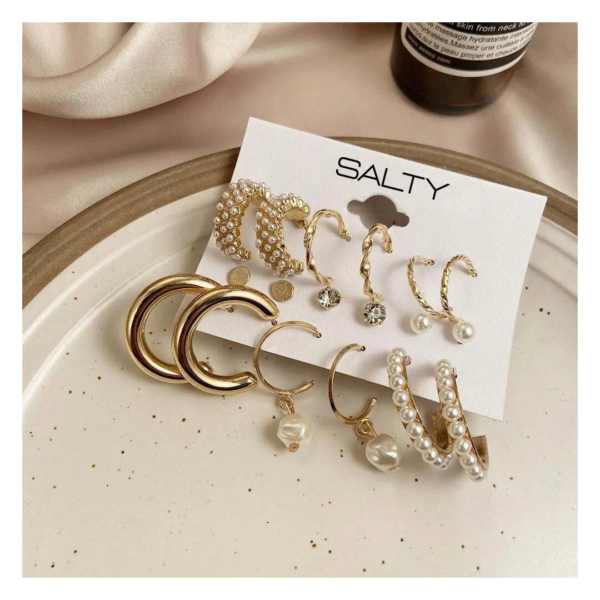 Salty Fashion Set of 9 Gold Chunky Real Freshwater Pearl Hoops and Studs for Women- TBC1041