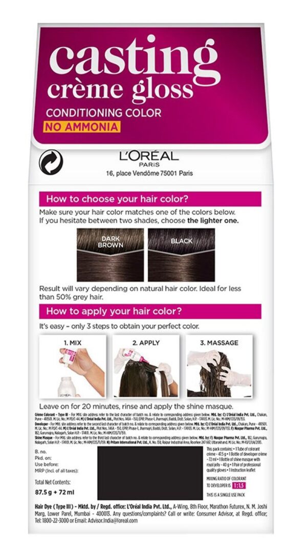 L'Oreal Casting Creme Gloss Hair Color, 87.5 g + 72 ml 300 Darkest Brown- YSX1005 - Image 6