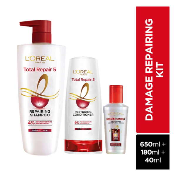 L'Oreal Paris Total Repair 5 Serum, Shampoo & Conditioner 650 ml + 180 ml + 40 ml- DCE1048