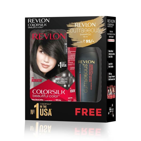 Revlon ColorSilk Hair Color with Keratin - 1WN Soft Black - (with Outrageous Shampoo 90 ml)- YSX1053