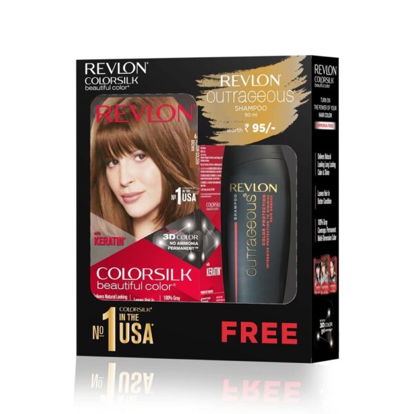 Revlon ColorSilk Hair Color with Keratin - 4G Medium Golden Brown - (with Outrageous Shampoo 90 ml)- YSX1054