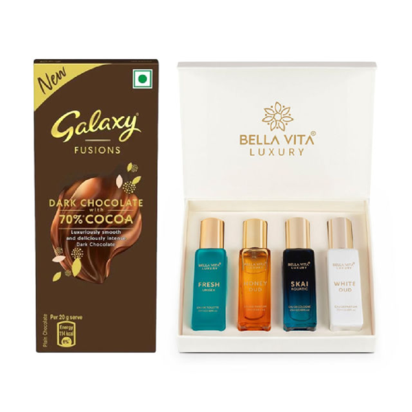 Galaxy Fusions Silky Smooth Dark Chocolate Bar, Made With 70% Cocoa(27.5gms) & Bella Vita Organic Unisex Luxury Perfume Gift Set(80ml) Combo- XXF1018