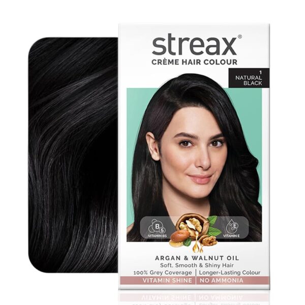 Streax Crème Permanent Hair Colour - 1 Natural Black Hair Colour, 100% Grey coverage, Ammonia Free- YSX1072