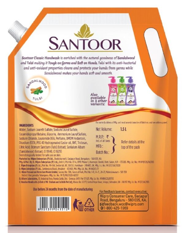 Santoor Classic Gentle Anti-Bacterial Hand Wash With Natural Goodness of Sandalwood and Tulsi- XBG1003 - Image 5