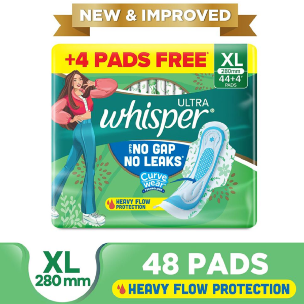 Whisper Ultra Hygiene+Comfort 44 Xl Sanitary Pads, Xl For Heavy Flow- ZGV1001