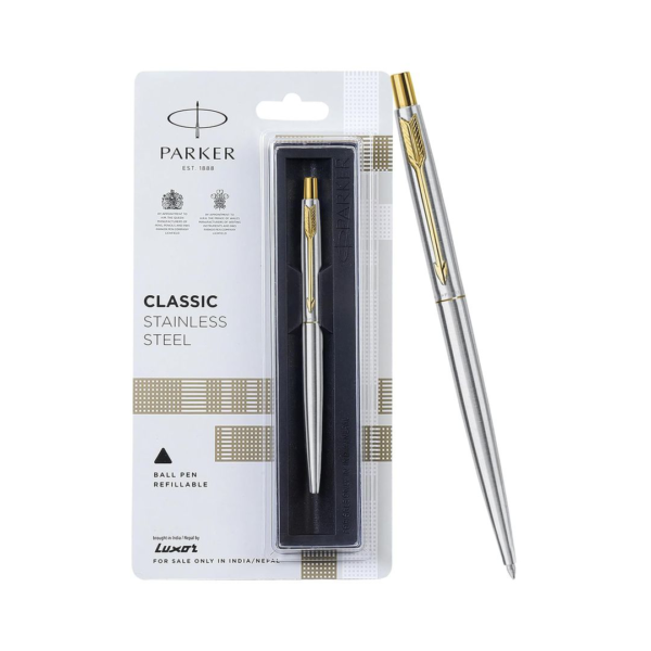 Parker Classic Stainless Steel Gold Trim Ball Pen| Ink Color - Blue | Corporate Gift- XUG1012