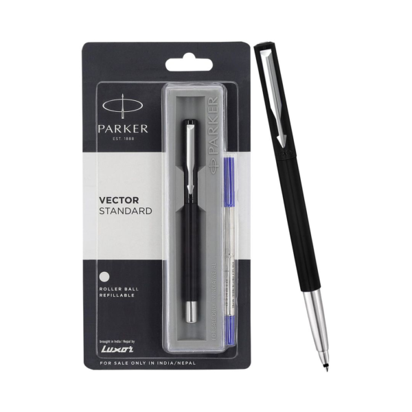 Parker Vector Standard Roller Ball Pen Chrome Trim Black Body (Blue Ink)- XUG1013