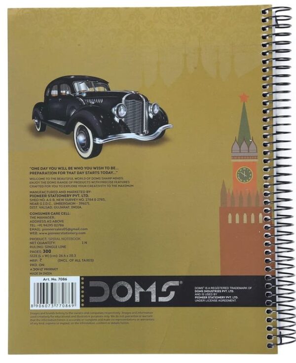 Doms 6 Subject Spiral Note Books (Classic Cars Series) 70 Gsm Paper-300 Pages- MXP1012 - Image 3