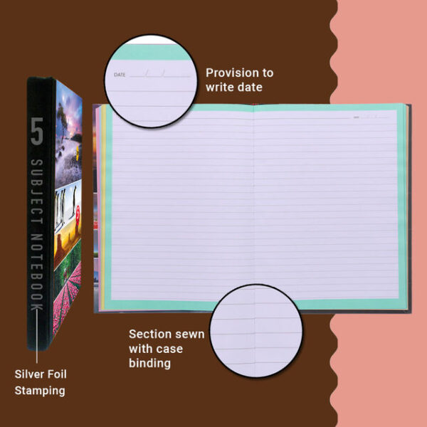Navneet Youva Case Bound 5 Subject Single Line Notebook 400 Pages 18.5x24.7cm Multicolored- MXP1044 - Image 4