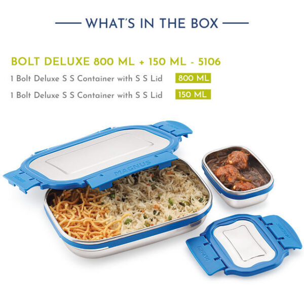 Magnus Bolt Dlx Stainless Steel Lunch Box with Lid for School (800ml + 150ml)- BCS1003 - Image 4