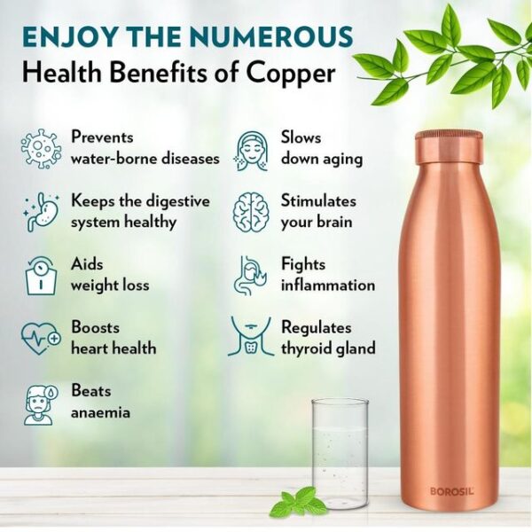 Borosil Pro Copper Water Bottle, 100% Copper, Leak-Proof, For Everyday Use, 950 Ml- BCS1020 - Image 5